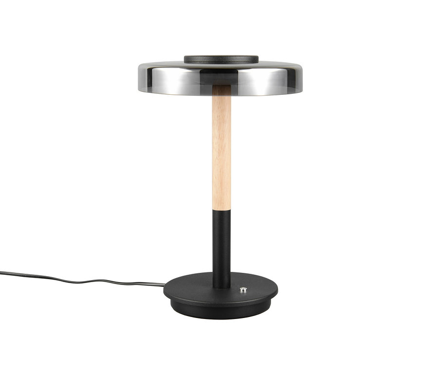 Trio LED-Tischleuchte »Celeste« mit silbernem Schirm, Holzstab und schwarzem Fuß.