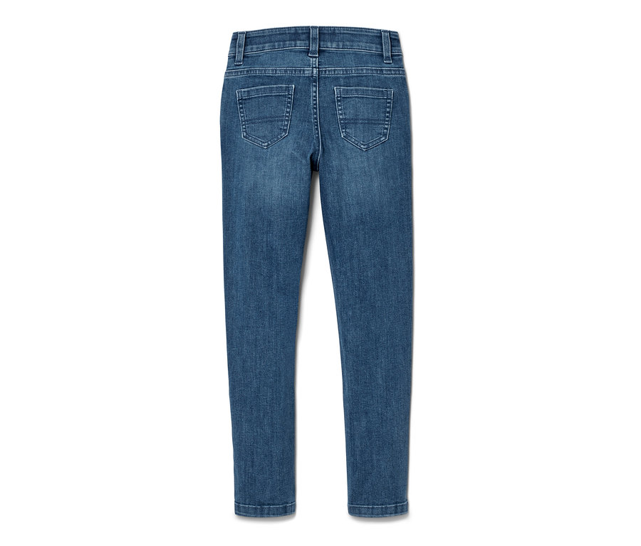 Detailansicht der Rückseite einer blauen Kinder-High-Waist-Jeans – Fit »Lotta«.