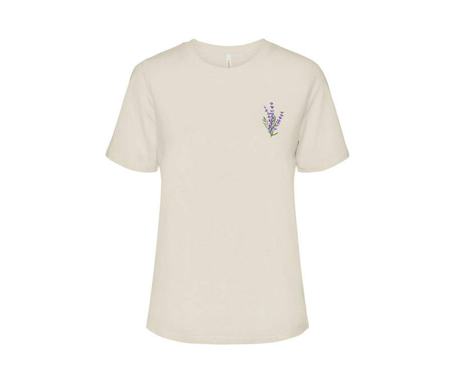 Ein cremefarbenes T-Shirt mit einem Lavendeldruck.