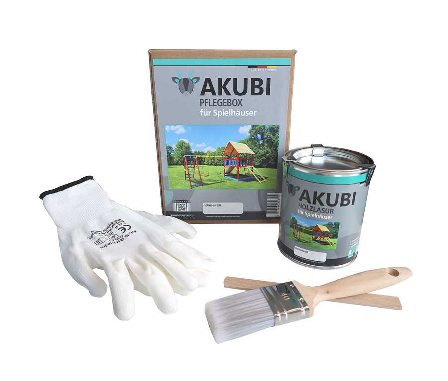 Das Bild zeigt eine Verpackung, eine Farbdose, einen Pinsel und Handschuhe auf einem weißen Hintergrund.