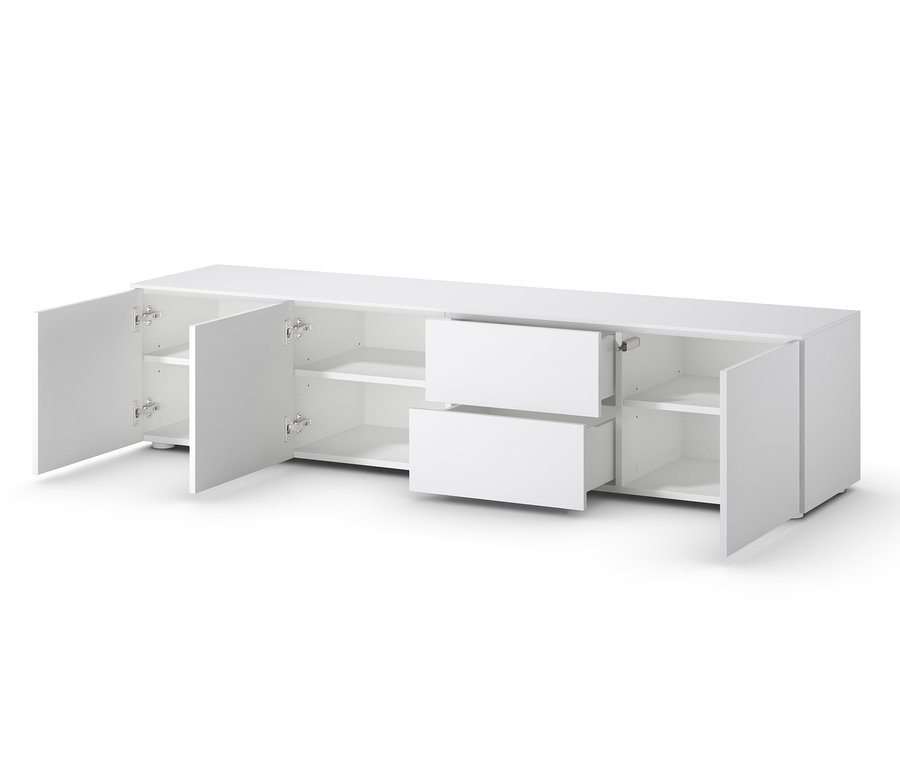 Weißes Lowboard mit offenen Türen und zwei Schubladen.