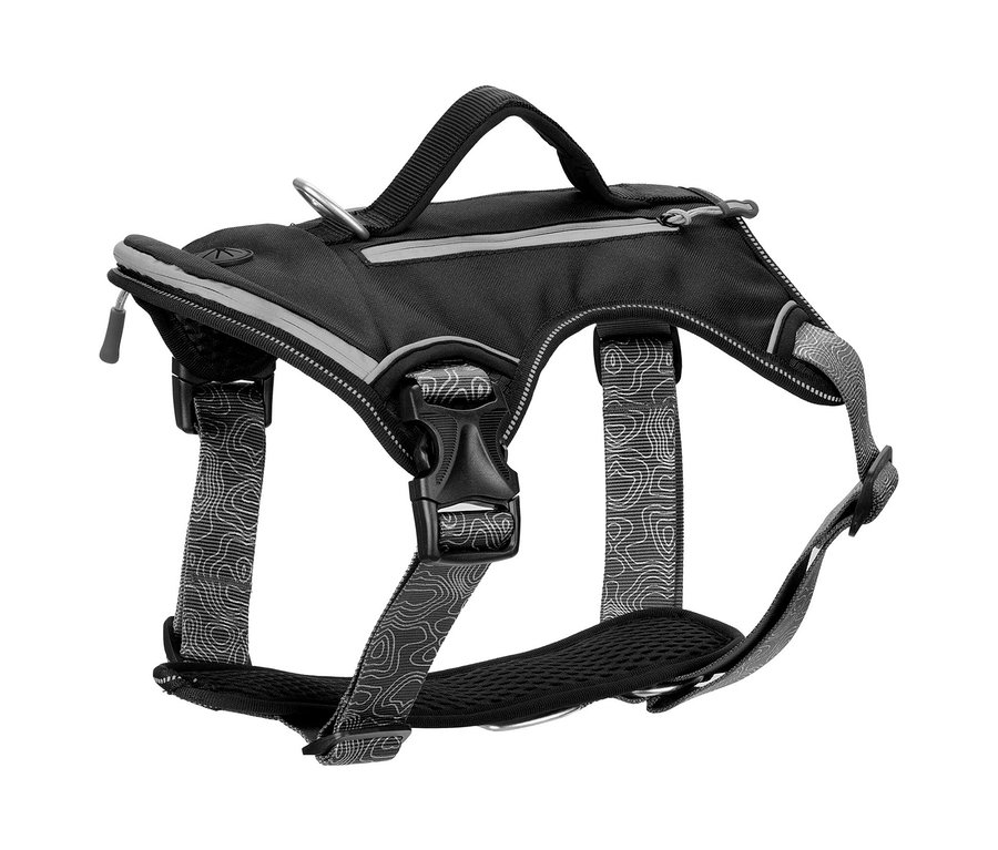 Schwarzes Navaris Hundegeschirr mit topografischem Muster und Griff.