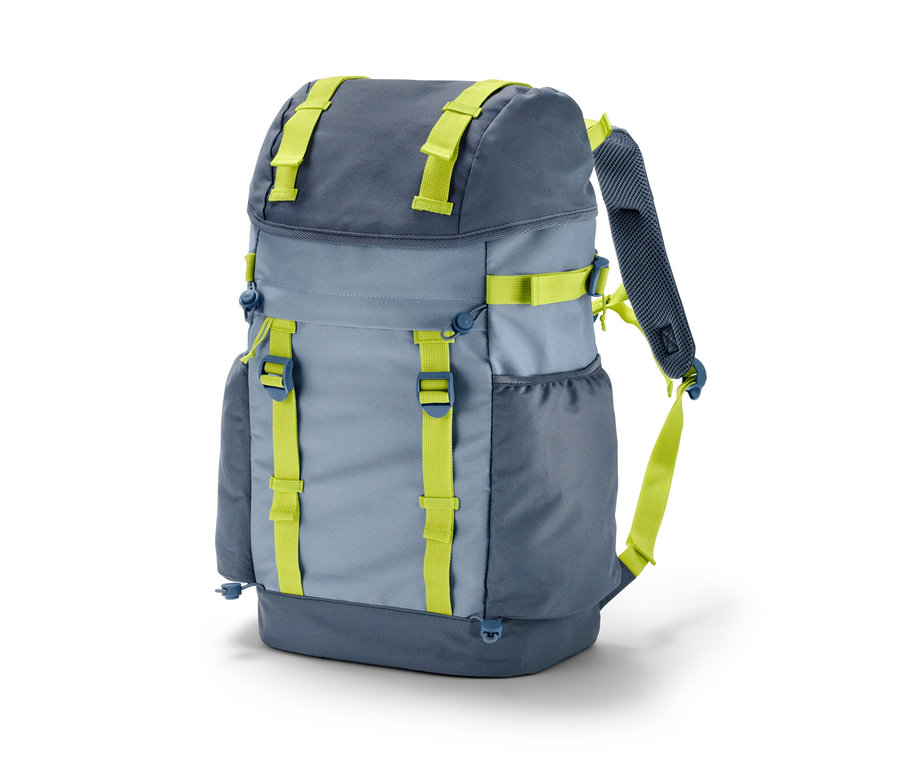 Ein grau-blauer Outdoor-Rucksack mit limettengrünen Riemen.