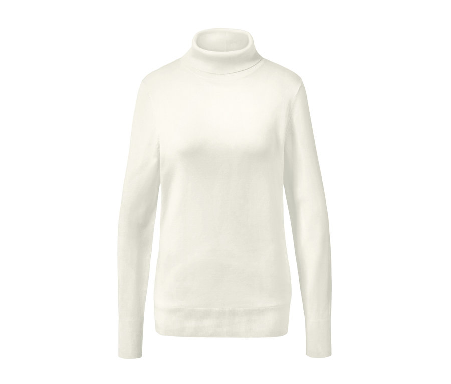 Cremeweißer Feinstrick-Rollkragenpullover.