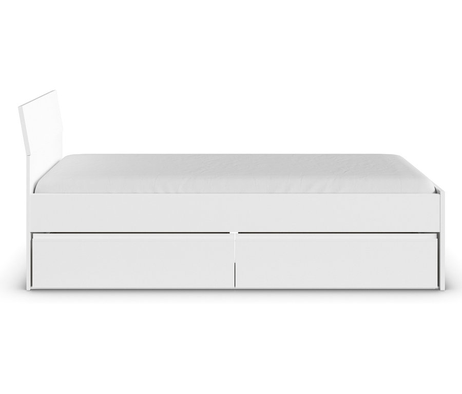 Weißes Bett mit zwei Schubladen.