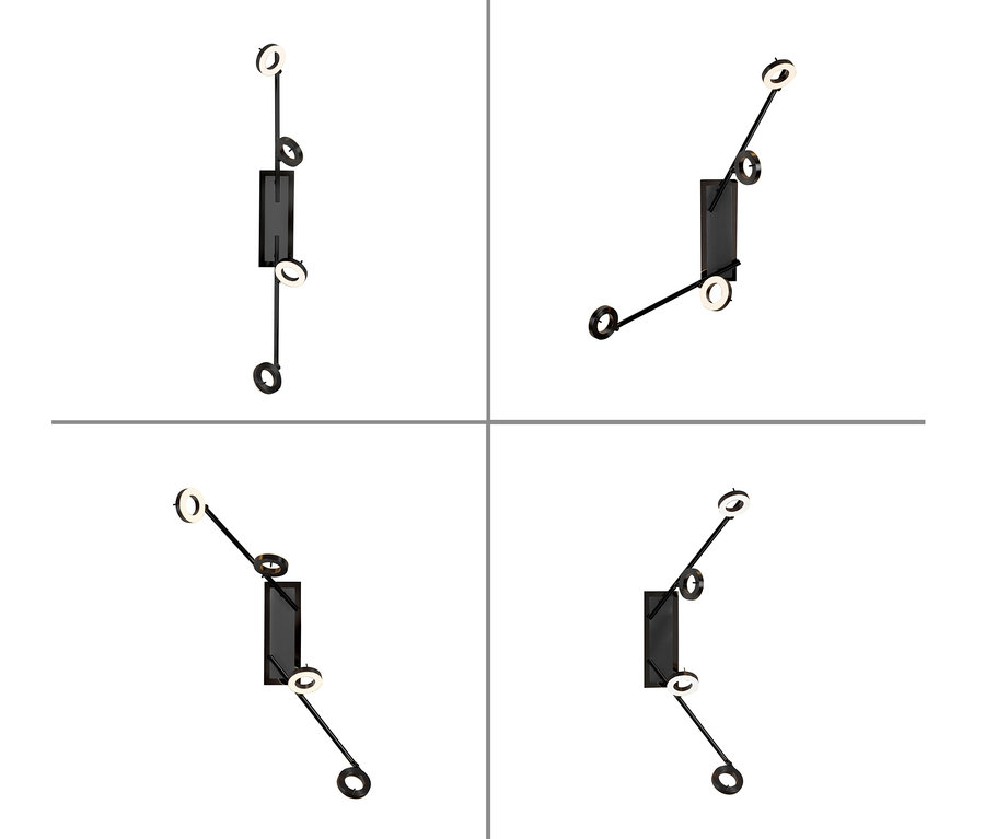 Vier Ansichten der Paul Neuhaus LED-Deckenleuchte »Sileda«, groß, mit schwarzer, rechteckiger Mitte und strahlenförmigen Armen mit kreisförmigen Lichtern.