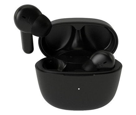 Schwarze Philips TWS-In-Ear-Kopfhörer »TAT2206« und Ladecase auf weißem Hintergrund.