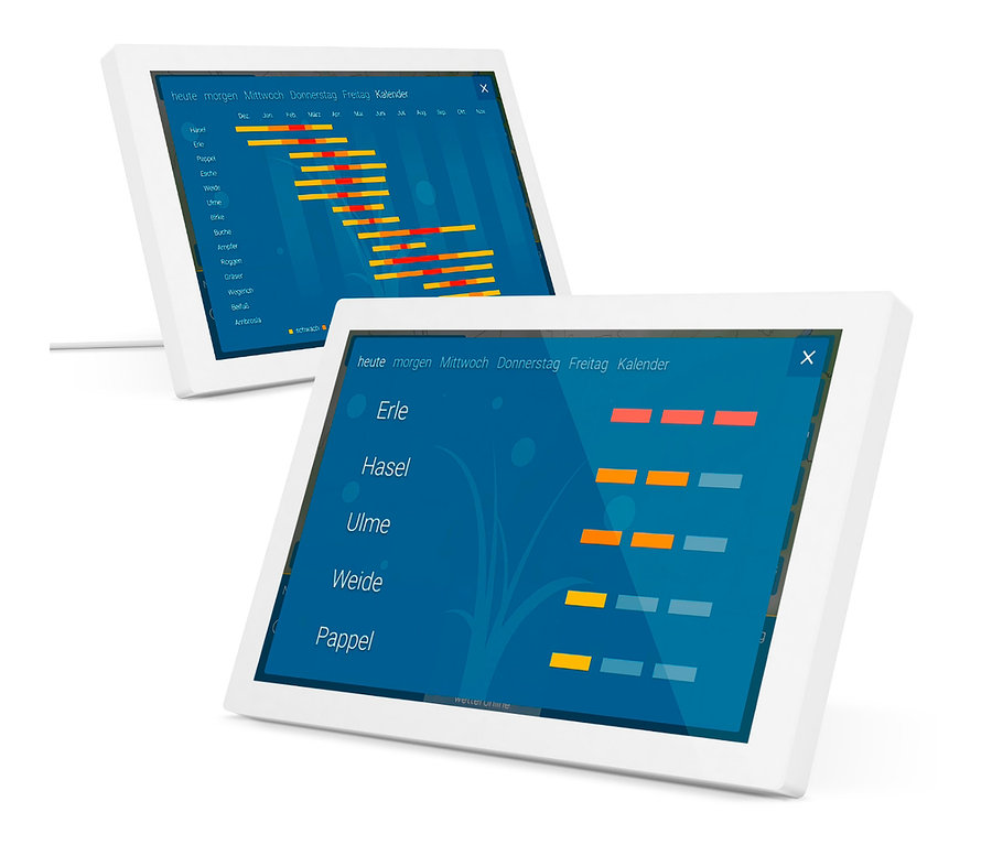 Zwei weiße WetterOnline WLAN-Wetter Display Home 3 zeigen einen Pollenkalender.