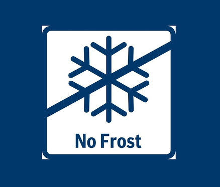 Blaues „No Frost“-Symbol mit durchgestrichener Schneeflocke.