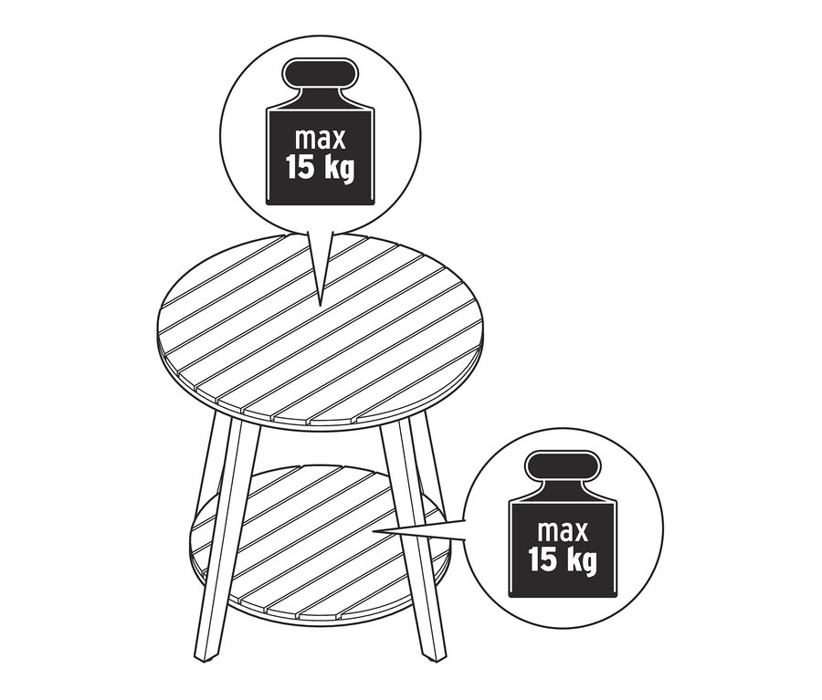 Schwarz-weiße Zeichnung eines »Leira« Beistelltisch mit 2 Ebenen, maximale Belastung 15 kg.
