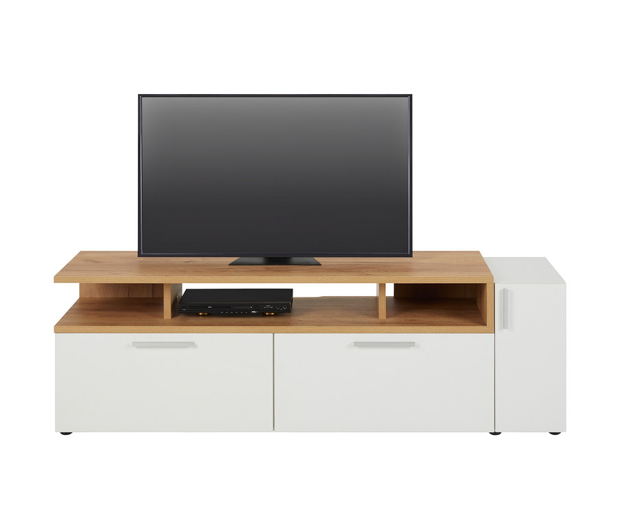 Fernseher steht auf braun-weißem Lowboard Nonza.