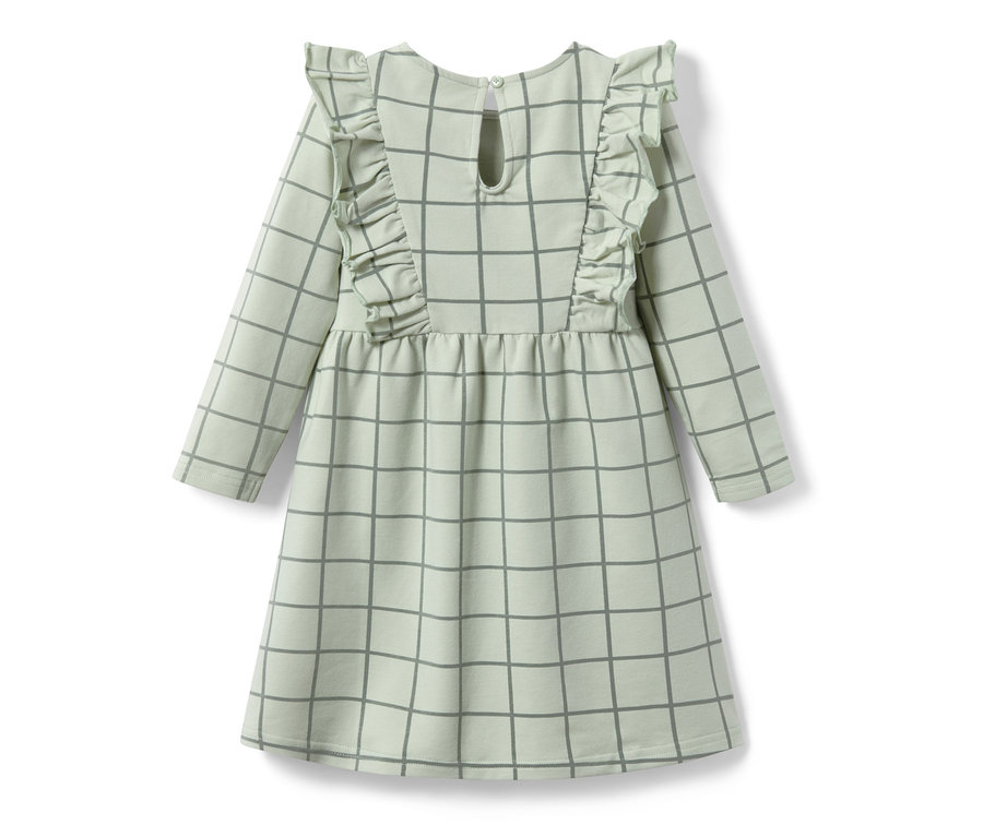 Hellgrünes Kleinkind-Sweatkleid mit langen Ärmeln und grauem Karomuster.