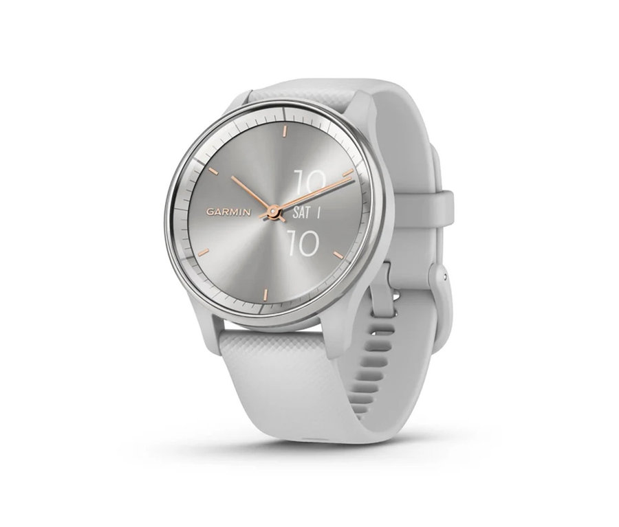 Eine hellgraue GARMIN vivomove Trend Uhr mit einem weißen Armband.