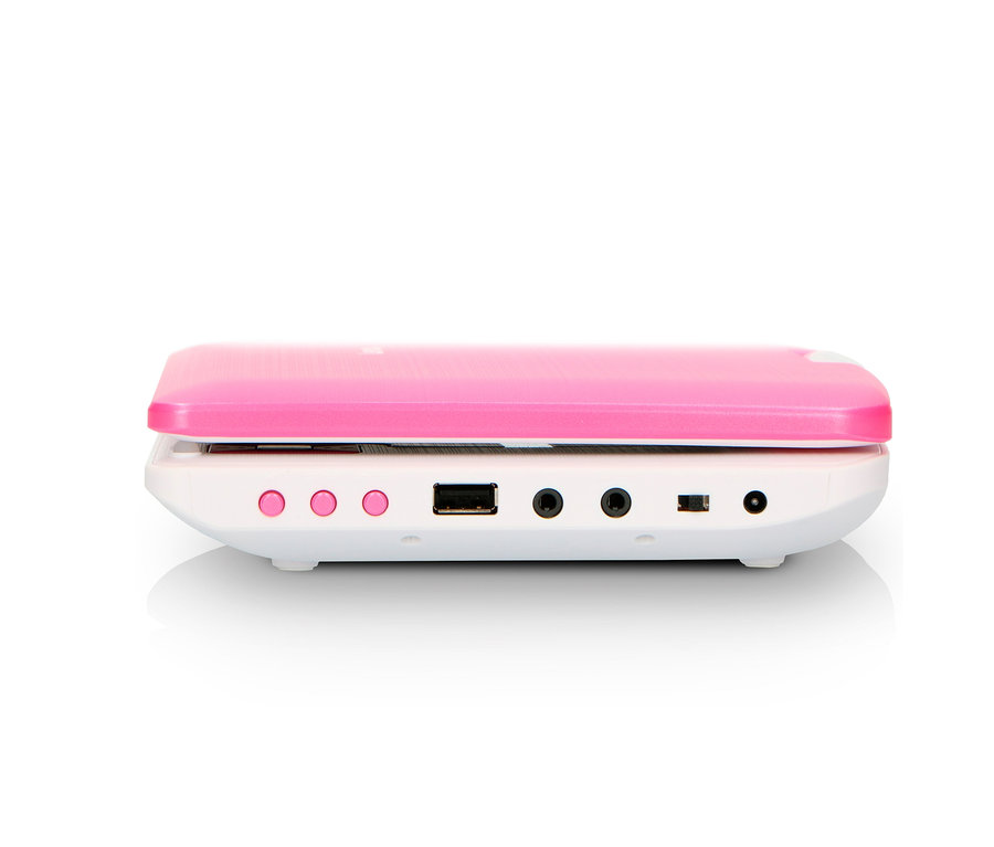 Detailansicht eines pinkfarbenen Lenco DVP-920PK tragbaren DVD-Players.