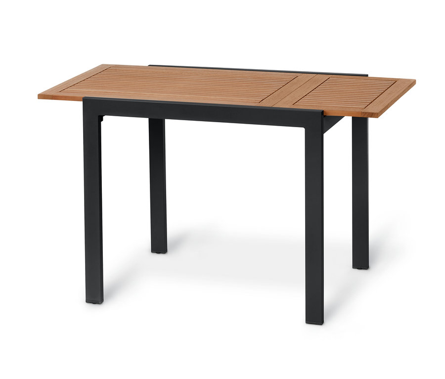 Ausklapptisch, ca. 0,9–1,25 m mit brauner Holzplatte und schwarzem Metallrahmen.