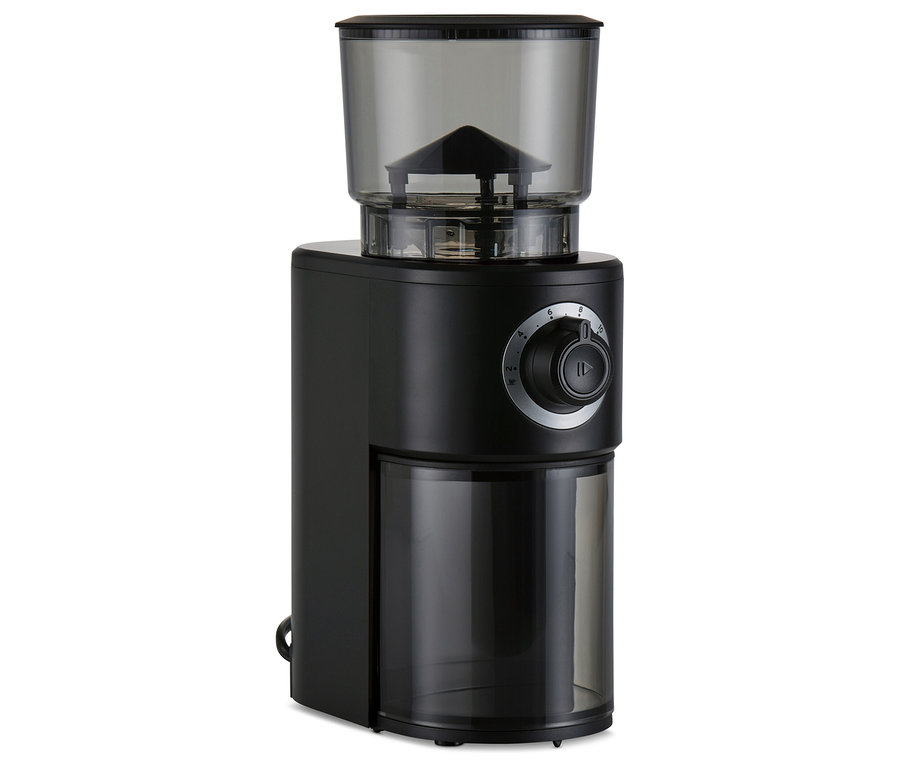 Eine schwarze Kaffeemühle, elektrisch.