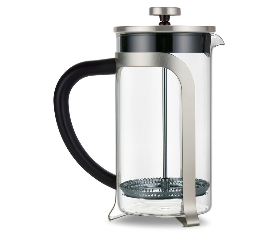 Eine Siebstempelkanne, silber, 800 ml, 6 Tassen.