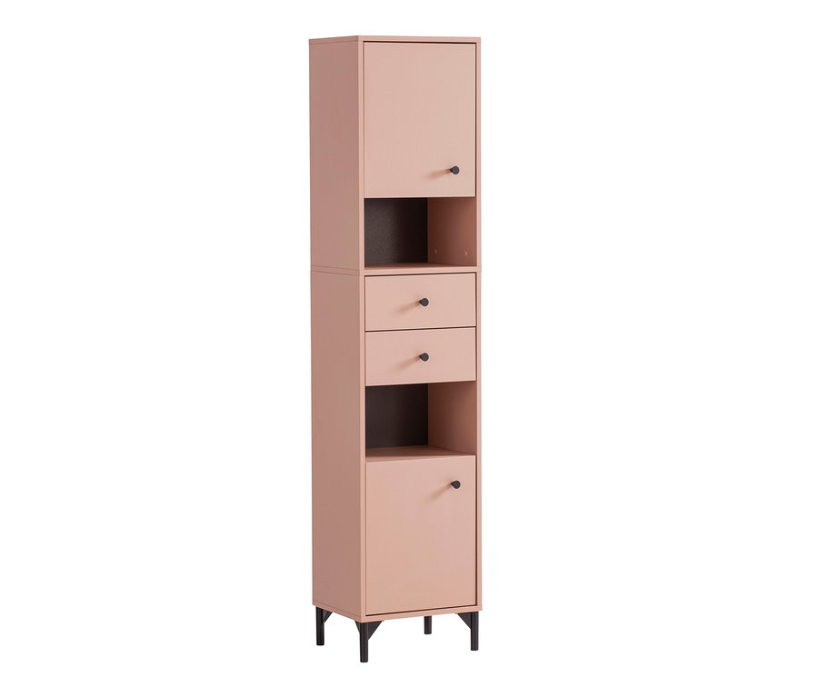 Schmaler rosa Hochschrank »Smash« mit Türen oben und unten und zwei Schubladen in der Mitte.