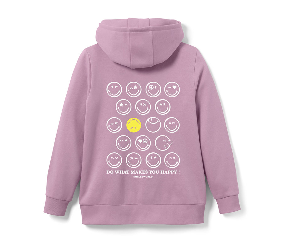 Rückansicht des lila Kinder-Sweat-Hoodie »Smiley« mit Smiley-Muster.