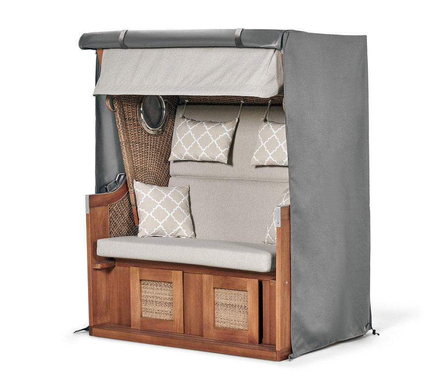 Ein Strandkorb mit einer Premium-Abdeckhaube für Strandkörbe in XXL.