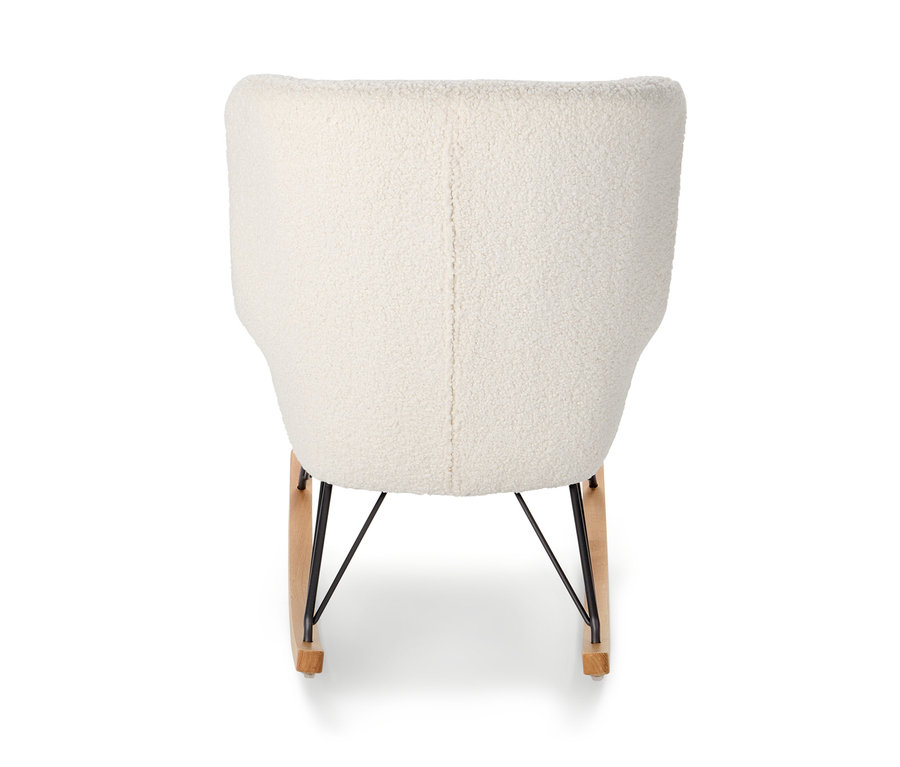 Rückansicht eines Schaukelstuhls mit Bouclé-Stoff.