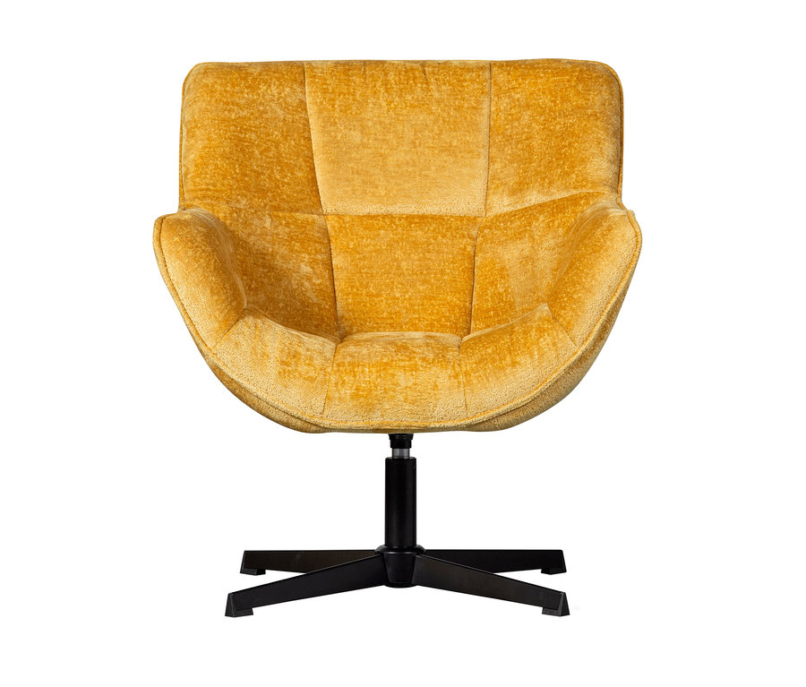 Ein curryfarbener Woood Drehsessel »Wibo« auf einem schwarzen Fuß.