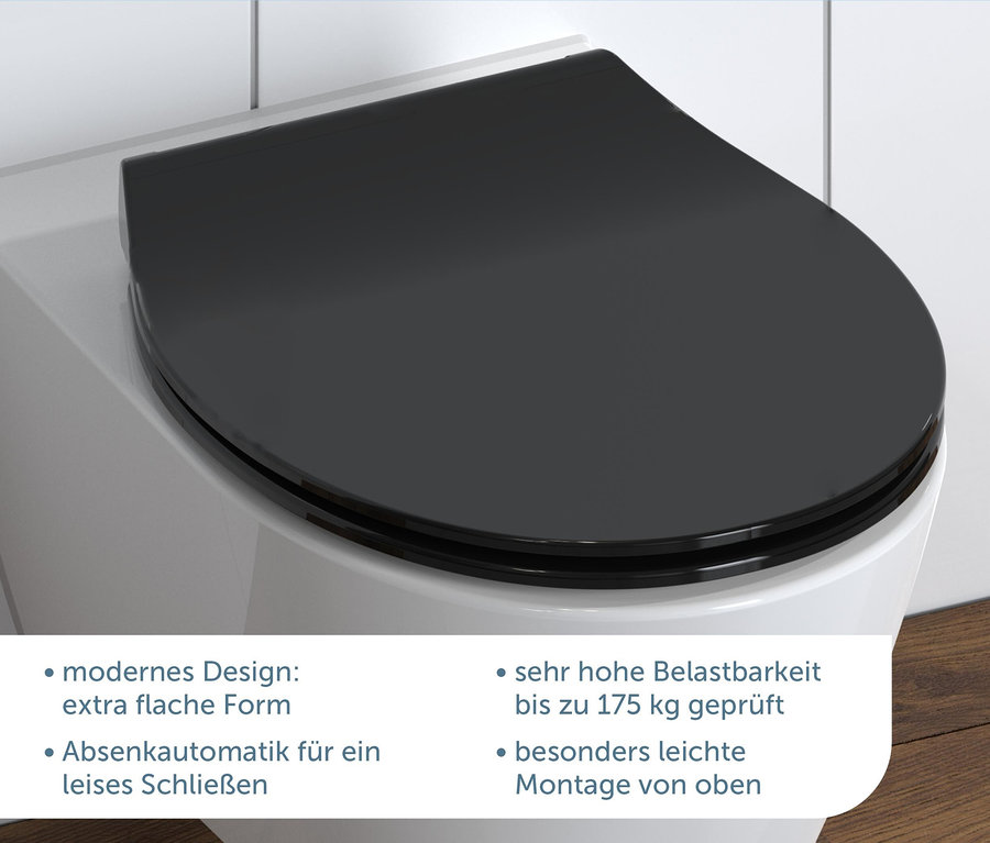 Detailansicht einer Toilette mit einem schwarzen Duroplast WC-Sitz, Slim Black.