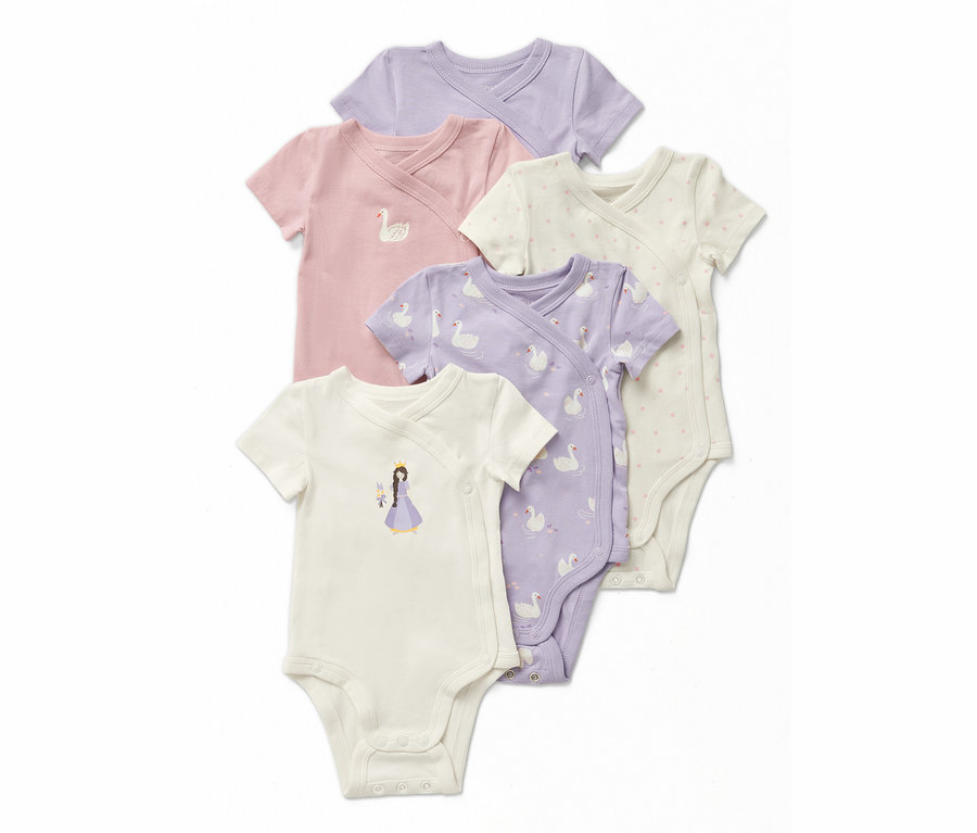 Fünf Baby-Bodys mit Mitwachsfunktion, Prinzessin, in Lavendel, Rosa und Weiß.