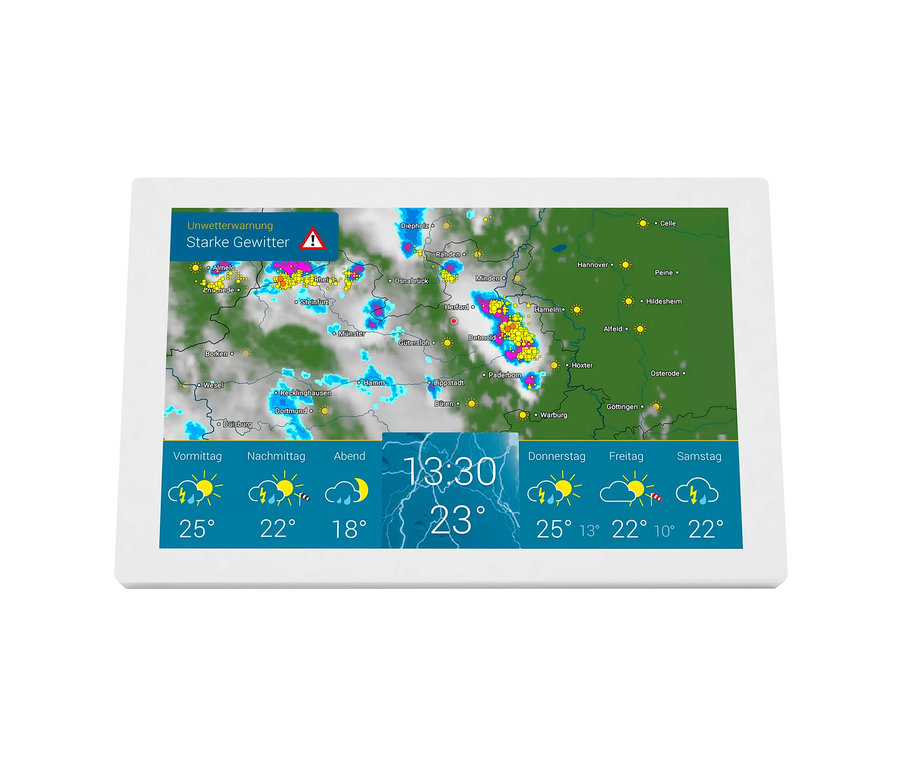 Auf dem Bildschirm wird eine Karte mit einer Unwetterwarnung vor starken Gewittern und einer Wettervorhersage angezeigt. Dargestellt ist die Premium-WLAN-Wetterstation mit HD-Display und WetterRadar von WetterOnline.