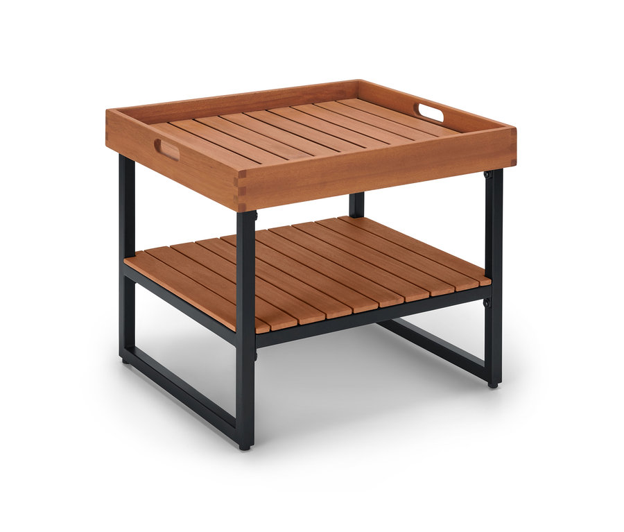 Couchtisch mit abnehmbarer Tablett-Tischplatte mit Lattenrost und schwarzem Metallgestell.