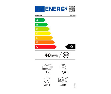 Energielabel für Respekta Tisch- und Einbaugeschirrspüler »GSPU42«, ca. 42 cm, G (von A bis G).