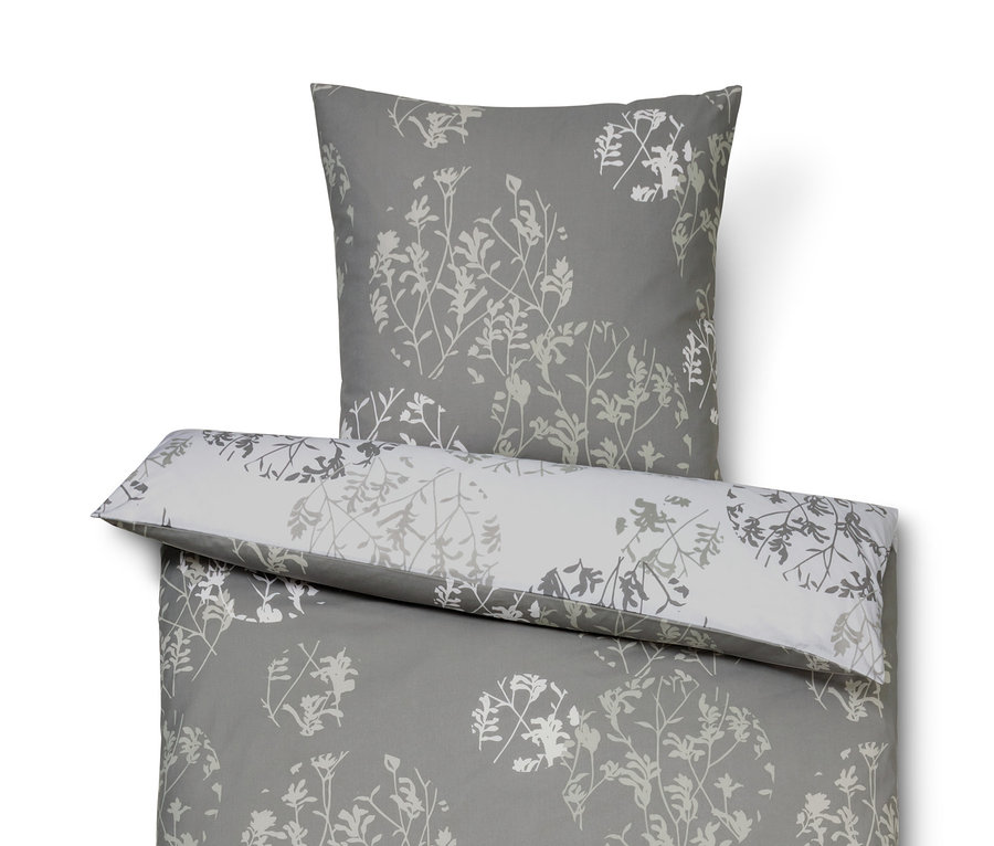 Graue Premium-Baumwoll-Bettwäsche in Normalgröße mit Blumenmuster.