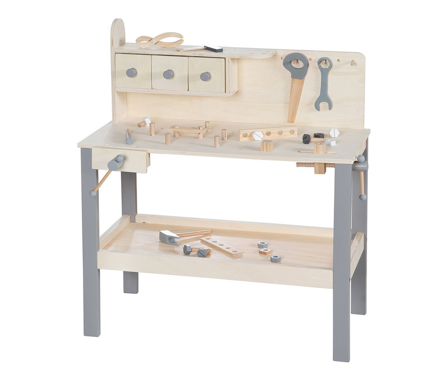 Eine hölzerne roba Werkbank mit Werkzeugen wie Säge, Schraubenschlüssel und Hammer.