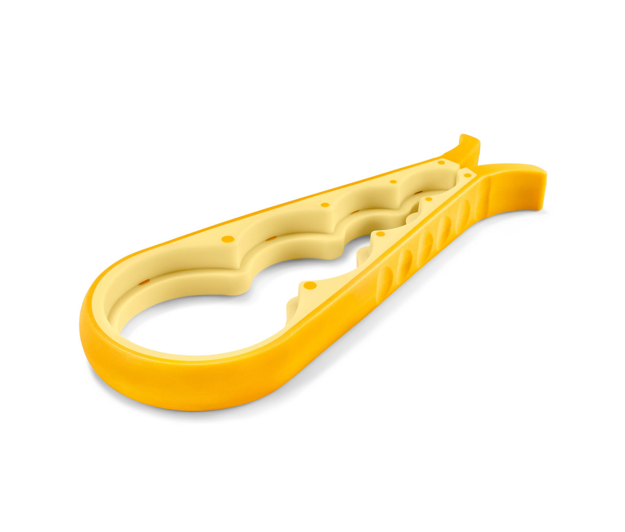 Ein gelber Glas-und-Flaschenöffner liegt auf einem weißen Hintergrund.
