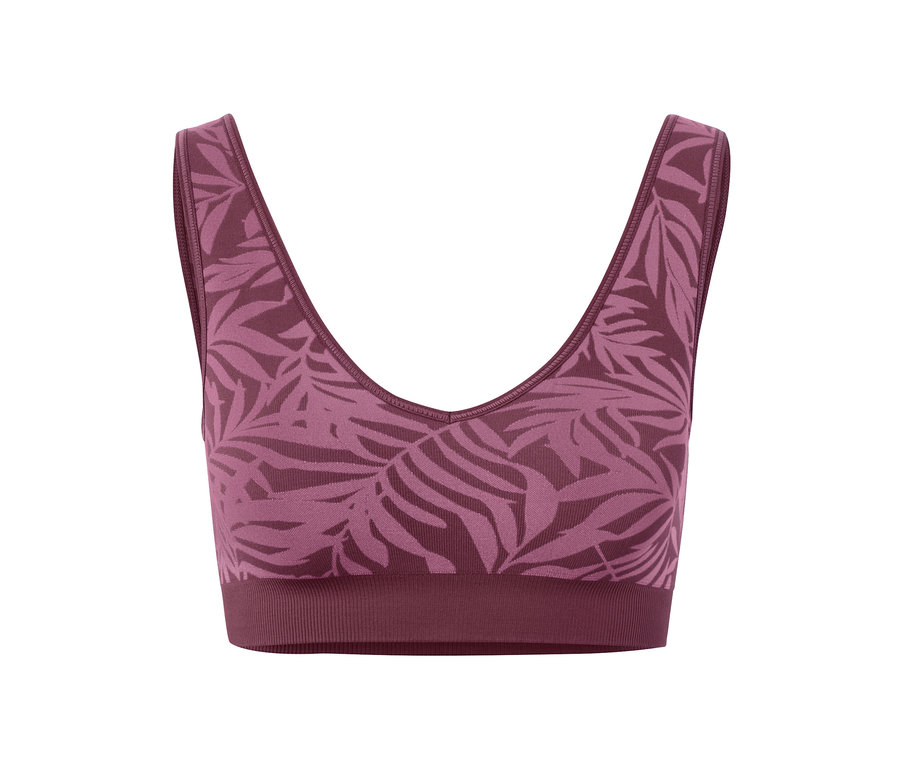 Pflaumenfarbenes Seamless-Sport-Bustier mit Blattmuster.