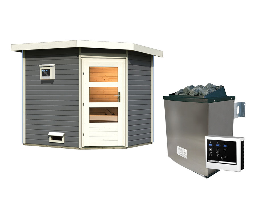 Abbildung eines Karibu Saunahauses »Mari« in Terragrau, finnische Ausführung, von außen.