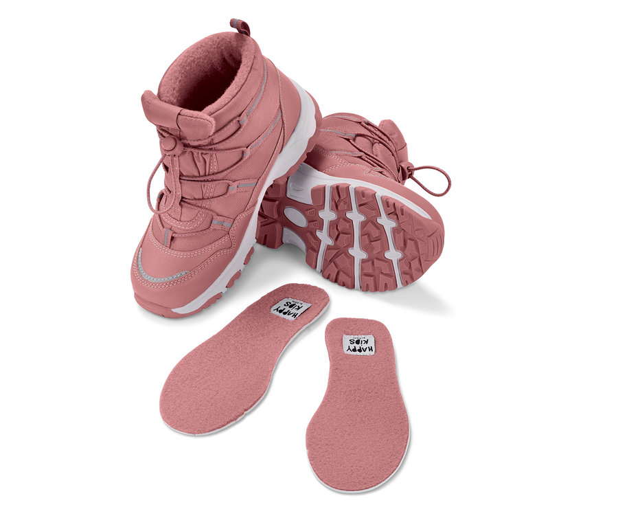 Rosa Kinder-Thermostiefel mit weißen Sohlen und Einlegesohlen.