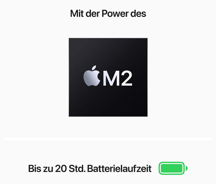 Schwarzer M2 Chip mit Apple Logo und Text "Bis zu 20 Std. Batterielaufzeit" und Batteriesymbol.