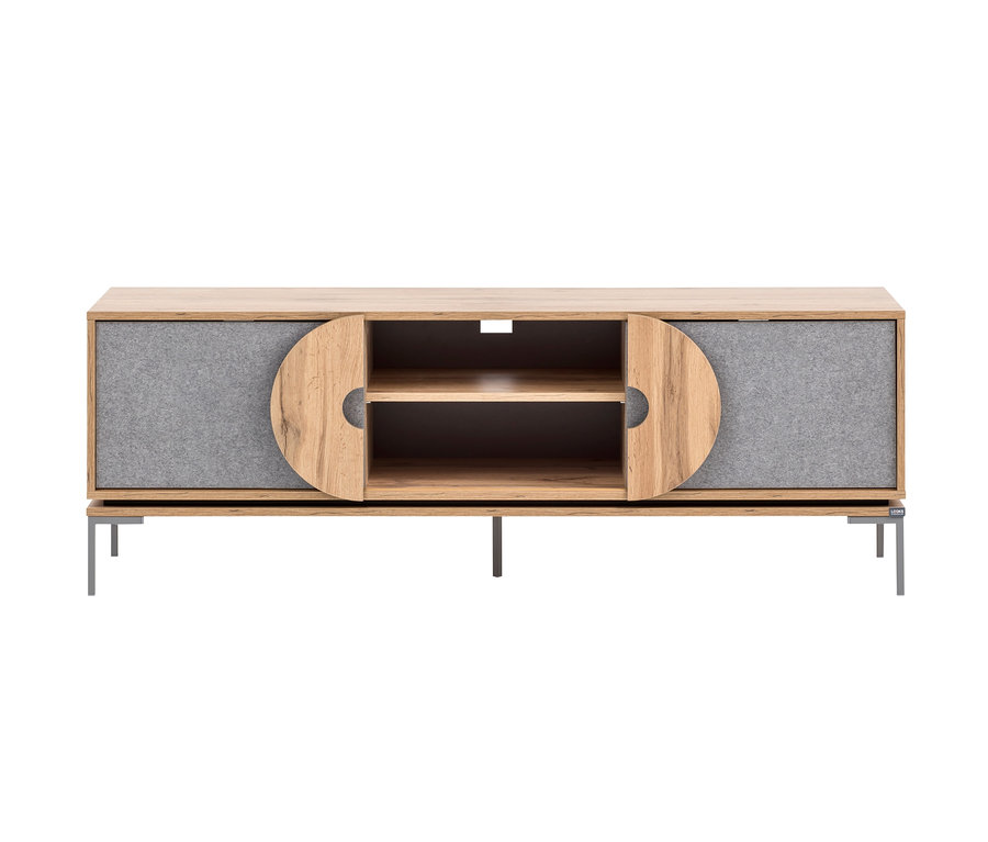Graues Sideboard mit zwei Regalen und Holzdetails.