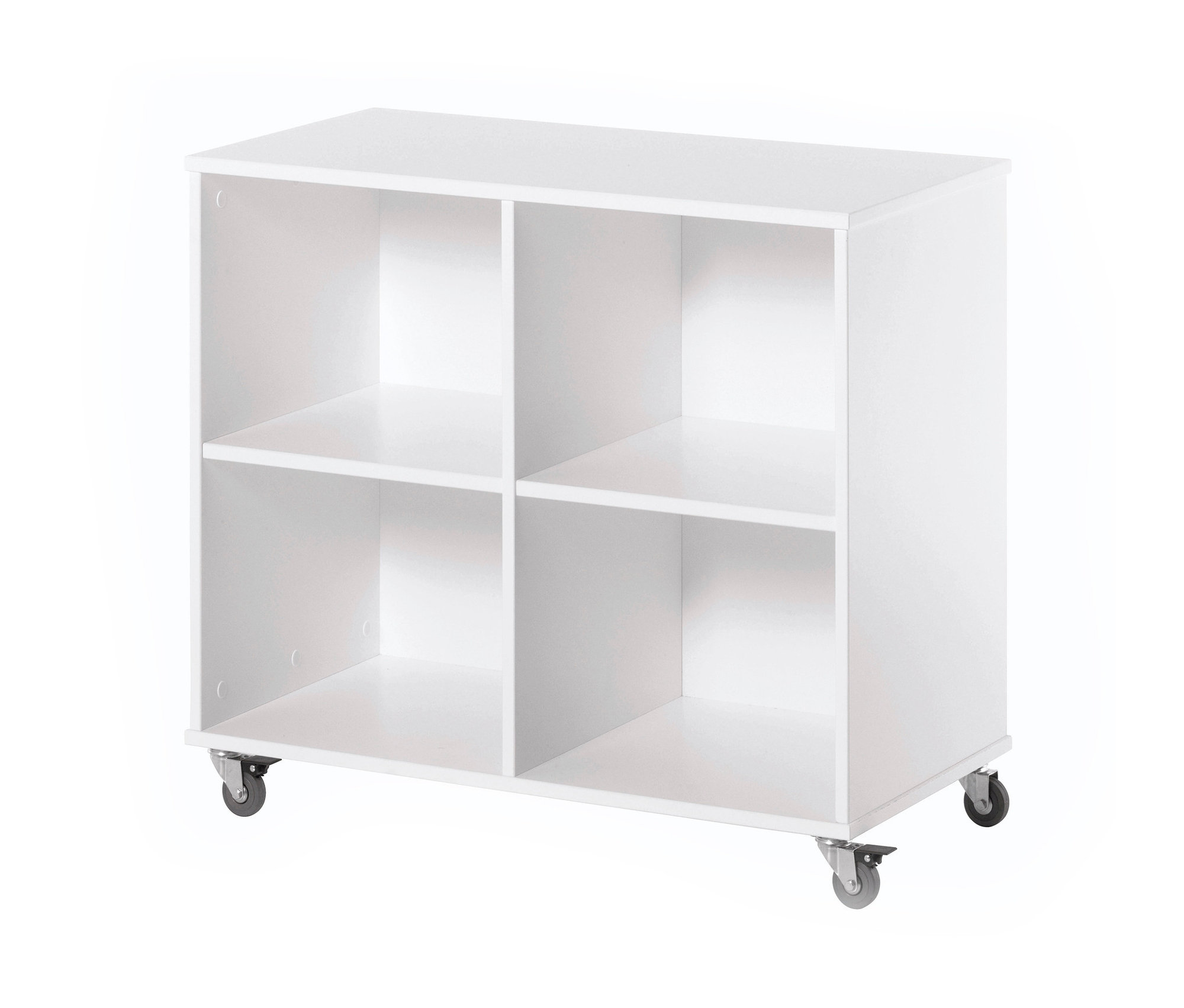 Weißes Hoppekids Bücherregal mit vier Fächern und Rollen.