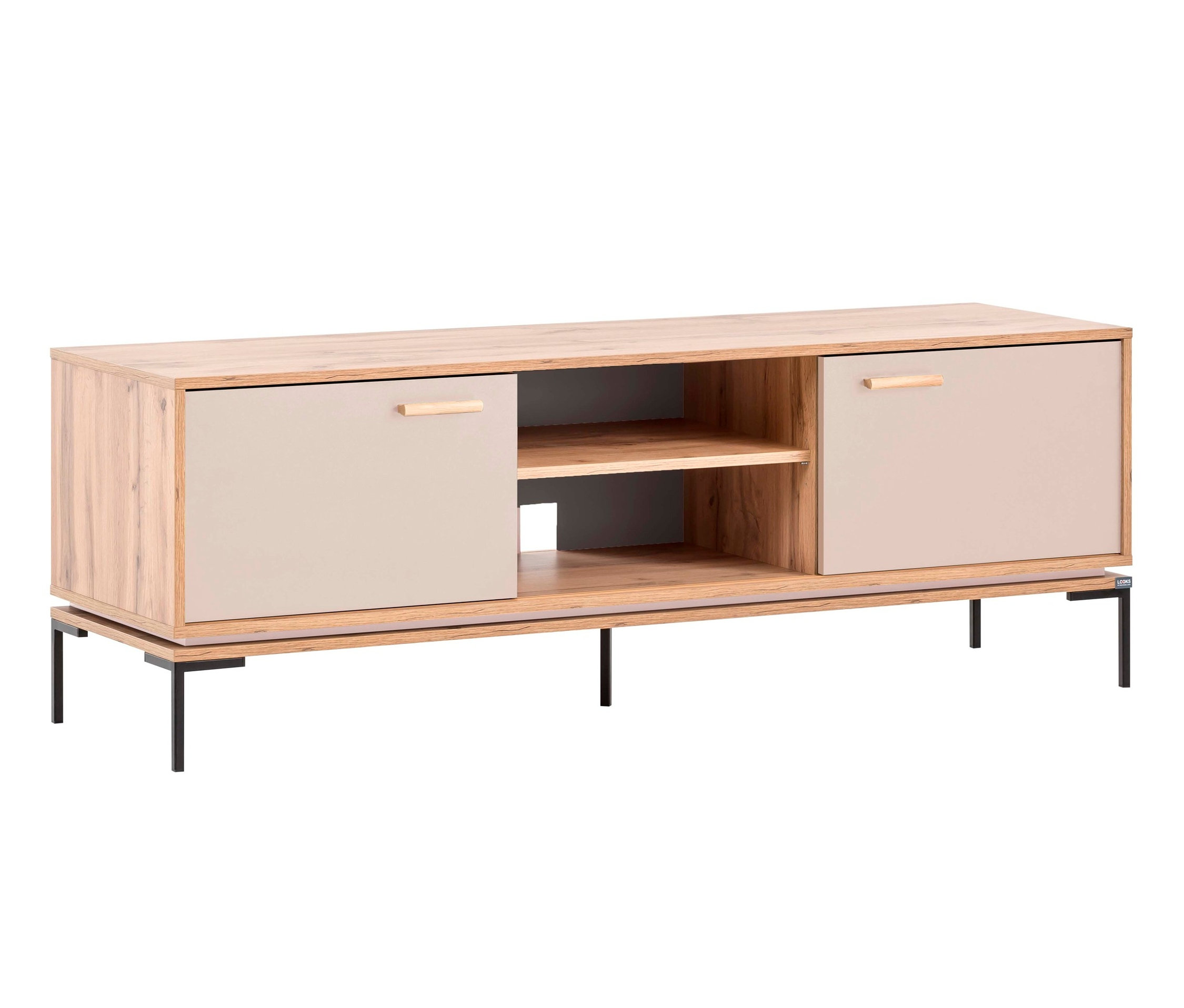 Beiges TV-Lowboard mit zwei Schränken und offenen Regalen. LOOKS by Wolfgang Joop Lowboard, beige
