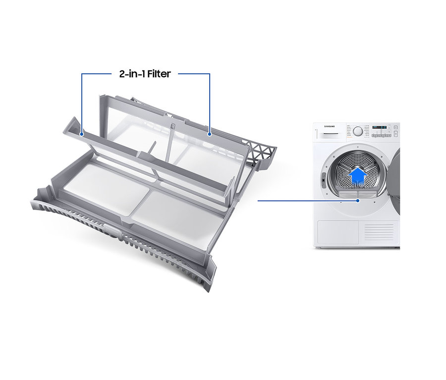 Detailansicht eines 2-in-1-Filters und eines weißen Samsung Wärmepumpentrockners DV9ETA040AE/EG, A++.