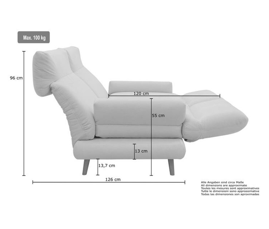 Abmessungen des DOMO 2-Sitzer-Sofas »FuAR« sind dargestellt.