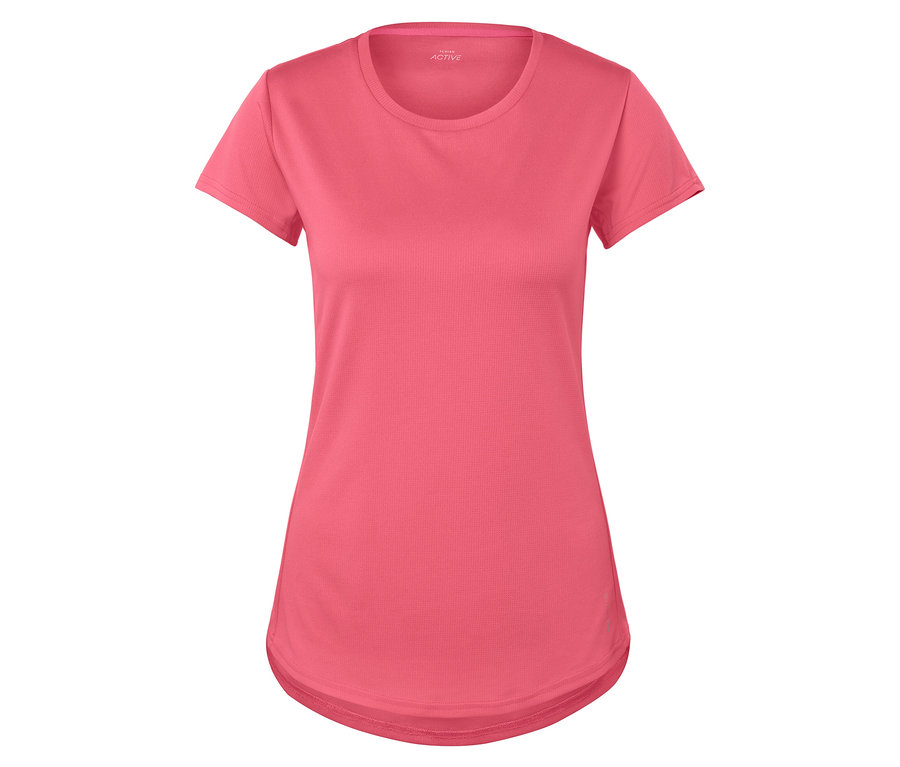 Ein rosafarbenes Sport-T-Shirt mit kurzen Ärmeln auf einem weißen Hintergrund.