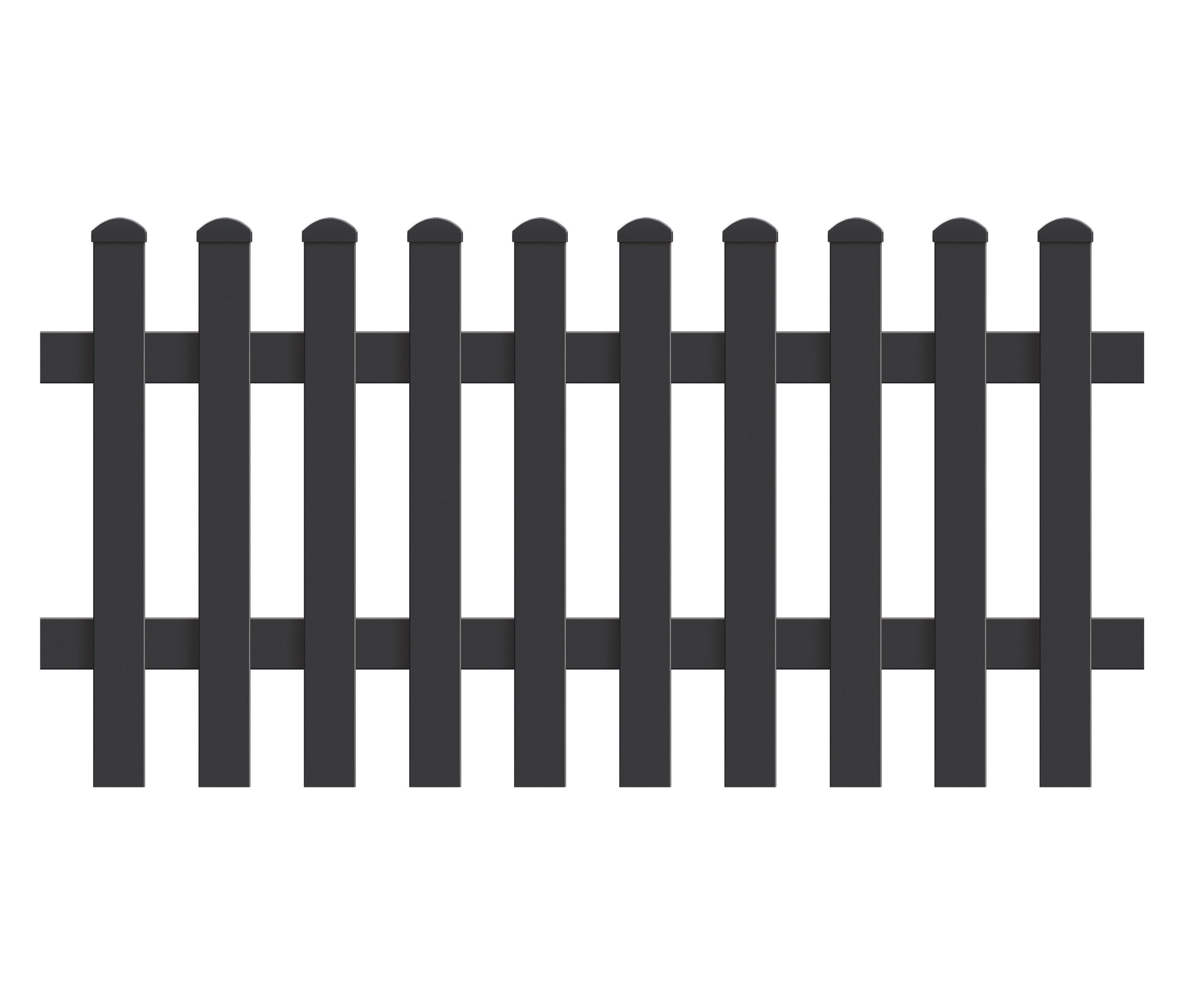 Nahaufnahme eines anthrazitfarbenen Zauns mit vertikalen Lamellen und zwei horizontalen Trägern.