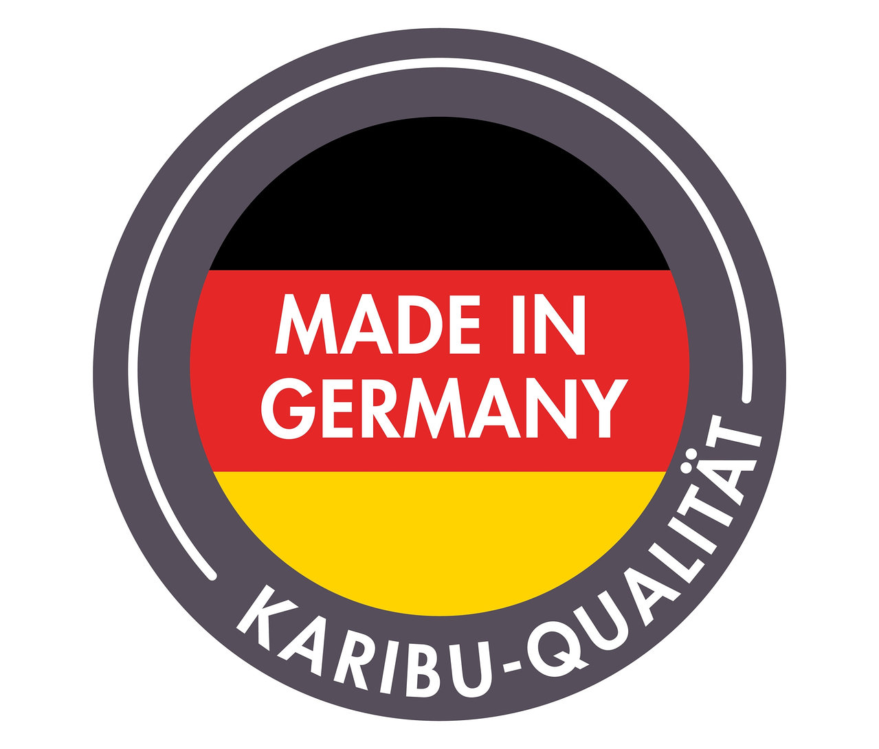 Rundes Zeichen mit deutscher Flagge, dem Schriftzug "MADE IN GERMANY" und "KARIBU-QUALITÄT".