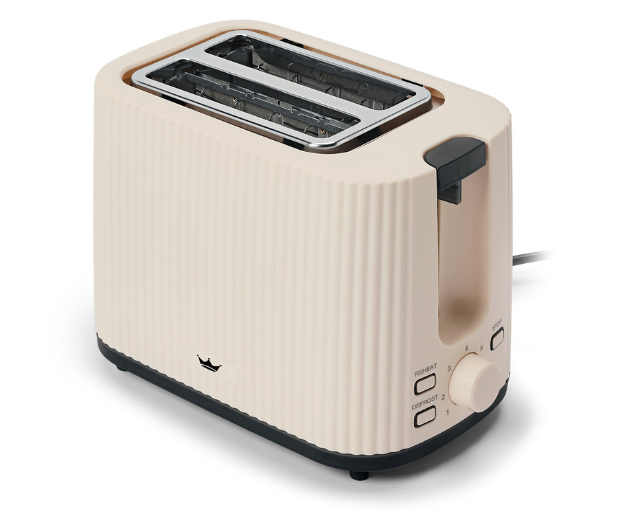 Ein cremefarbener Toaster mit geriffeltem Design und schwarzen Akzenten.