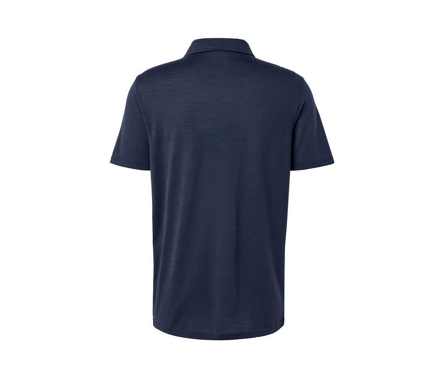 Blaues Poloshirt mit Merinowolle von hinten.