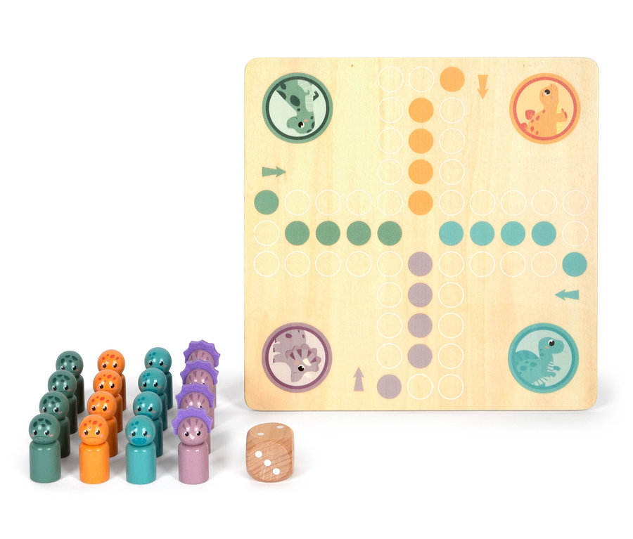 Holzbrett mit Dinosaurierbildern und farbigen Bahnen, Holzfiguren und Würfel des small foot Spiele-Set »Dino«.