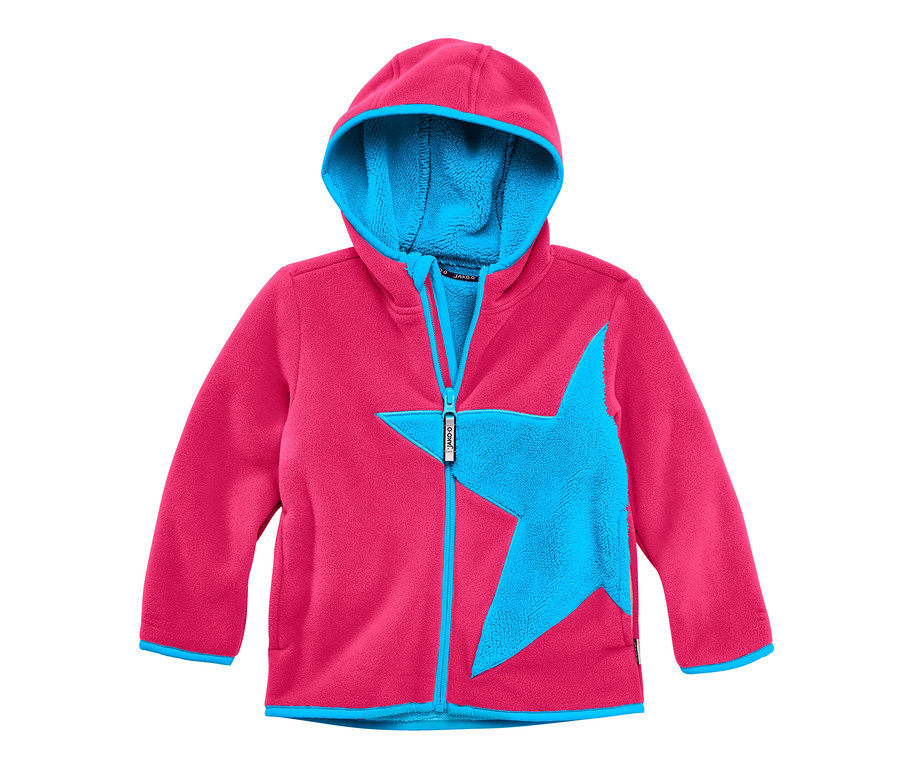 Pinke Fleecejacke mit Kapuze und blauem Stern auf der Brust. Jako-O Kuschelfleecejacke, traube